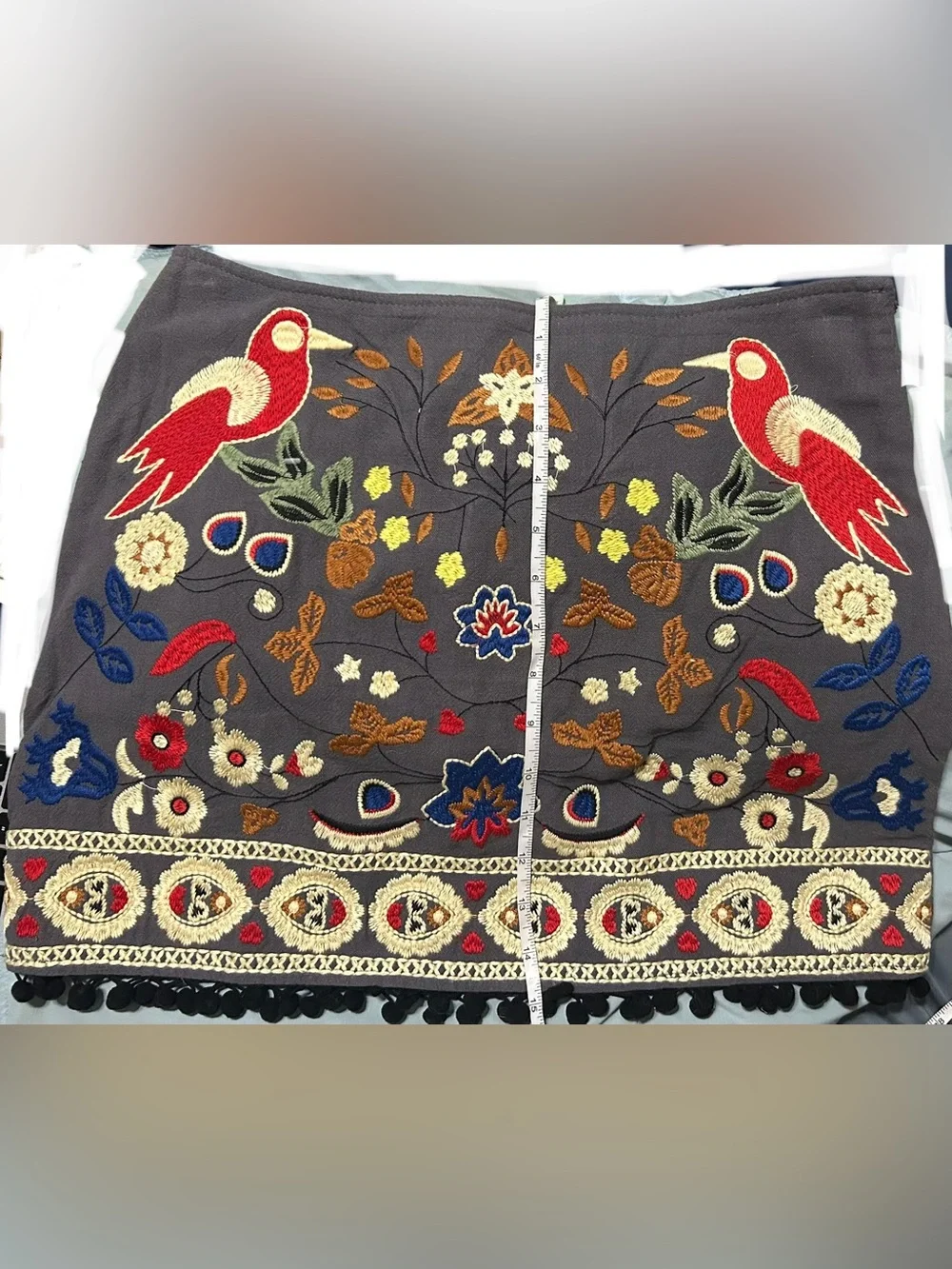 Umgee Embroidered Parrot Mini Skirt Gray Boho Pom Pom Hem M